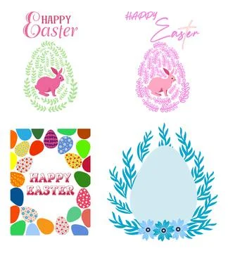 A set of Easter cards with an egg, bunny and flowers. The inscriptions read.. Stock Illustration