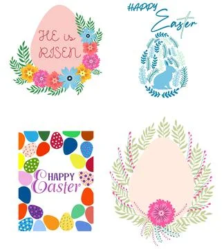 A set of Easter cards with an egg, bunny and flowers. The inscriptions read.. 스톡 일러스트