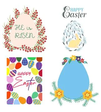 A set of Easter cards with an egg, bunny and flowers. The inscriptions read H Stock Illustration