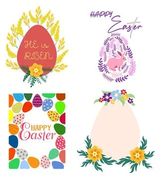 A set of Easter cards with an egg, bunny and flowers. The inscriptions read H Stock Illustration