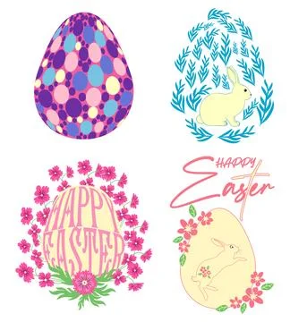 A set of Easter cards with an egg, bunny and flowers. The inscriptions read.. Stock Illustration