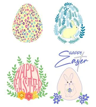 A set of Easter cards with an egg, bunny and flowers. The inscriptions read.. Stock Illustration