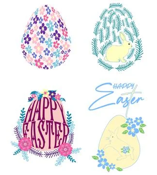 A set of Easter cards with an egg, bunny and flowers. The inscriptions read H Stock Illustration