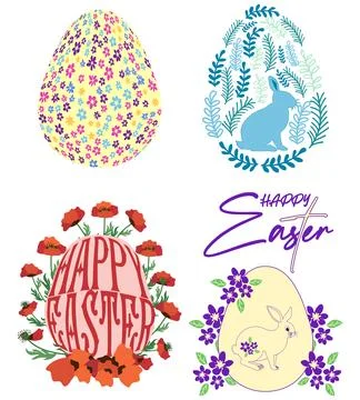 A set of Easter cards with an egg, bunny and flowers. The inscriptions read.. 스톡 일러스트