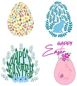 A set of Easter cards with an egg, bunny and flowers. The inscriptions read H Stock Illustration