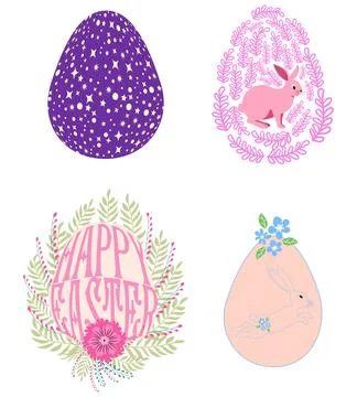 A set of Easter cards with an egg, bunny and flowers. The inscriptions read H Stock Illustration