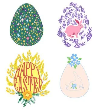 A set of Easter cards with an egg, bunny and flowers. The inscriptions read H 스톡 일러스트
