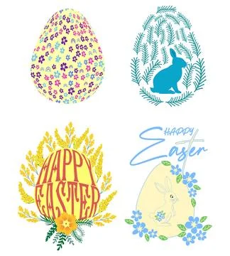 A set of Easter cards with an egg, bunny and flowers. The inscriptions read.. Stock Illustration