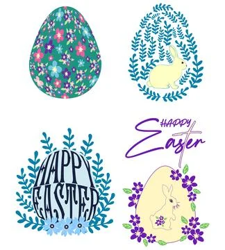 A set of Easter cards with an egg, bunny and flowers. The inscriptions read H Stock Illustration