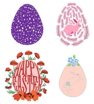 A set of Easter cards with an egg, bunny and flowers. The inscriptions read H Stock Illustration