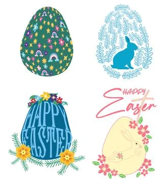 A set of Easter cards with an egg, bunny and flowers. The inscriptions read.. 스톡 일러스트