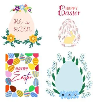 A set of Easter cards with an egg, bunny and flowers. The inscriptions read H Stock Illustration