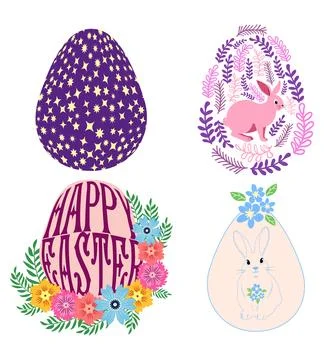 A set of Easter cards with an egg, bunny and flowers. The inscriptions read H Stock Illustration