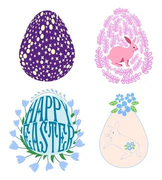 A set of Easter cards with an egg, bunny and flowers. The inscriptions read H Stock Illustration