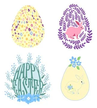 A set of Easter cards with an egg, bunny and flowers. The inscriptions read.. Stock Illustration