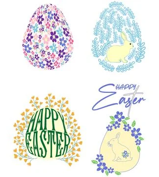 A set of Easter cards with an egg, bunny and flowers. The inscriptions read.. Stock Illustration