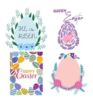 A set of Easter cards with an egg, bunny and flowers. The inscriptions read.. Stock Illustration