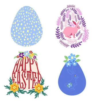 A set of Easter cards with an egg, bunny and flowers. The inscriptions read.. Stock Illustration