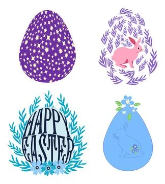 A set of Easter cards with an egg, bunny and flowers. The inscriptions read H Stock Illustration