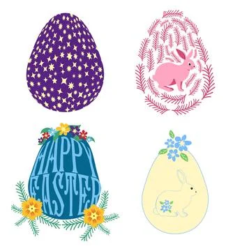 A set of Easter cards with an egg, bunny and flowers. The inscriptions read.. Stock Illustration