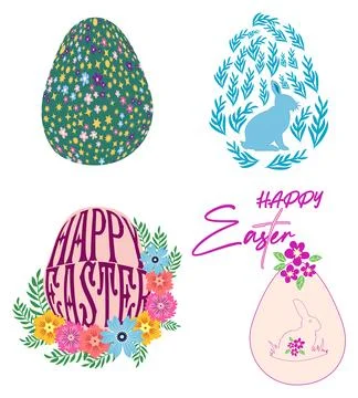 A set of Easter cards with an egg, bunny and flowers. The inscriptions read H Stock Illustration