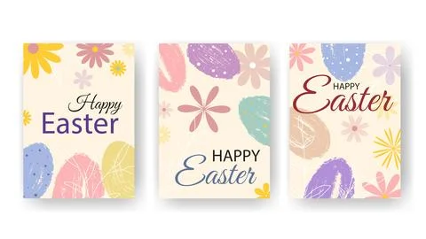 Set of Easter cards with eggs, flowers and greeting text Stock Illustration