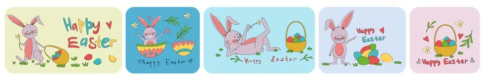 Set with Easter cards with a hare and eggs. Stock Illustration