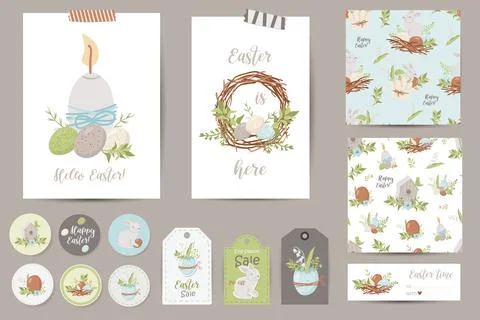 Set of Easter cards, notes, stickers, labels, stamps, tags. Stock Illustration