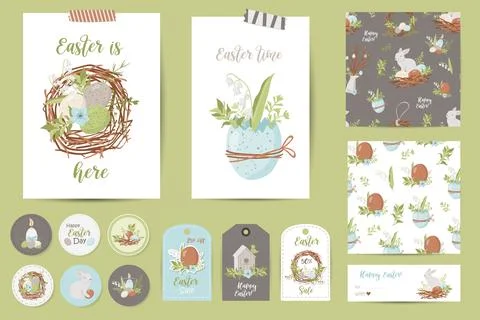 Set of Easter cards, notes, stickers, labels, stamps, tags. Illustrazione stock