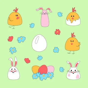 Set of Easter characters. Cute Easter bunny with chicken and egg for printing on Stock Illustration