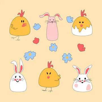 Set of Easter characters. Cute Easter bunny with chicken and egg for printing on Stock Illustration