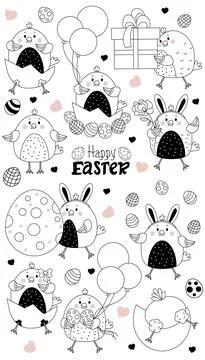 Set of Easter chicks. Cute chickens boys and girls with Easter eggs and balloons Stock Illustration