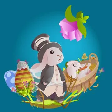 Set of easter chocolate egg hunt bunny basket on green grass decorated flowers Stock Illustration