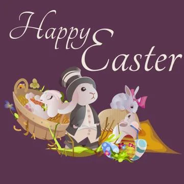 Set of easter chocolate egg hunt bunny basket on green grass decorated flowers Stock Illustration