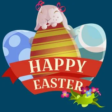 Set of easter chocolate egg hunt bunny basket on green grass decorated flowers Stock Illustration