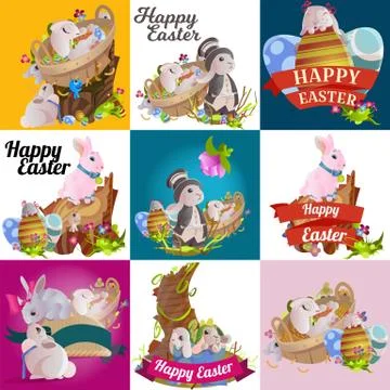 Set of easter chocolate egg hunt bunny basket on green grass decorated flowers Stock Illustration