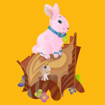 Set of easter chocolate egg hunt bunny basket on green grass decorated flowers Illustrazione stock