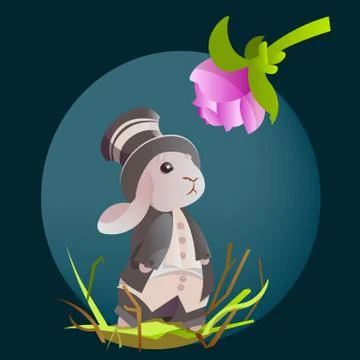 Set of easter chocolate egg hunt bunny basket on green grass decorated flowers Stock Illustration