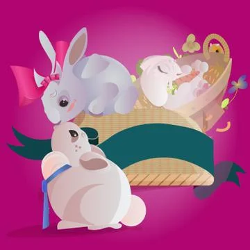 Set of easter chocolate egg hunt bunny basket on green grass decorated flowers Stock Illustration