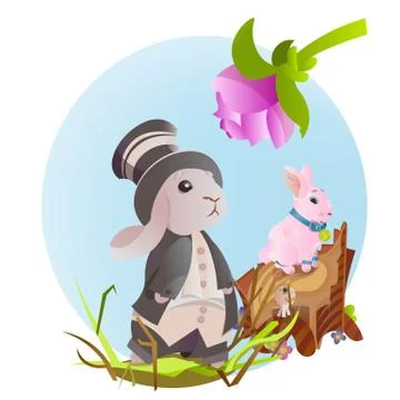 Set of easter chocolate egg hunt bunny basket on green grass decorated flowers Stock Illustration