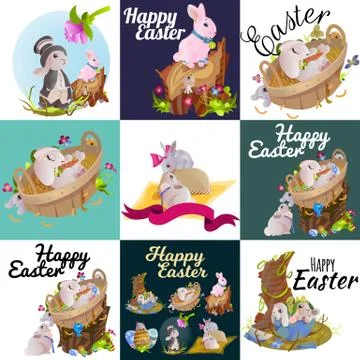 Set of easter chocolate egg hunt bunny basket on green grass decorated flowers Stock Illustration
