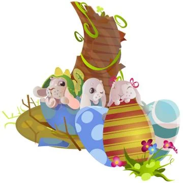 Set of easter chocolate egg hunt bunny basket on green grass decorated flowers Stock Illustration
