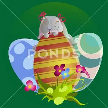 Set of easter chocolate egg hunt bunny basket on green grass decorated flowers Stock Illustration