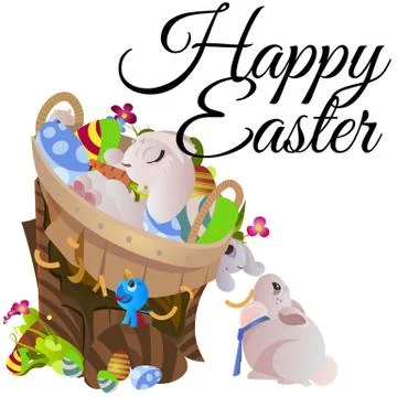 Set of easter chocolate egg hunt bunny basket on green grass decorated flowers Stock Illustration