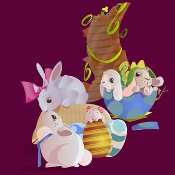 Set of easter chocolate egg hunt bunny basket on green grass decorated flowers Stock Illustration