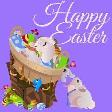 Set of easter chocolate egg hunt bunny basket on green grass decorated flowers Stock Illustration