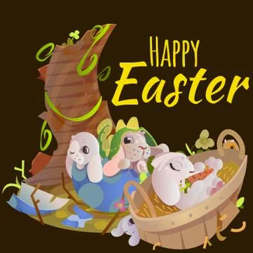 Set of easter chocolate egg hunt bunny basket on green grass decorated flowers Stock Illustration