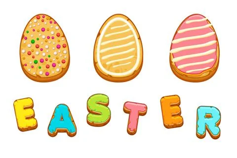 Set of Easter cookies in the form of Eggs. Gingerbread cookies with pastel .. Stock Illustration