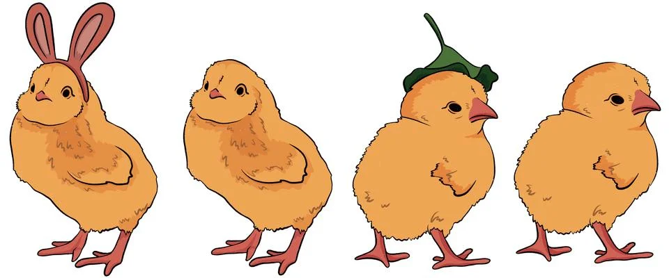 Set of easter cute cartoon chick chickens with a green hat, and rabbit ears Stock Illustration
