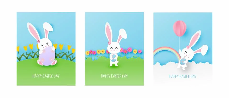 Set of Easter day greeting card with cute bunny in paper cut style. Vector il Stockillustratie